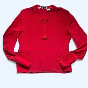 Vintage Valentino Boutique Red 100% Italian Silk Button-Down Blouse Size 8